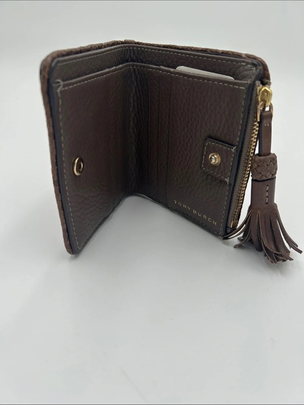 Tory‎ Burch Dark Brown Pebbled Leather Zip Coin Wallet with Tassel